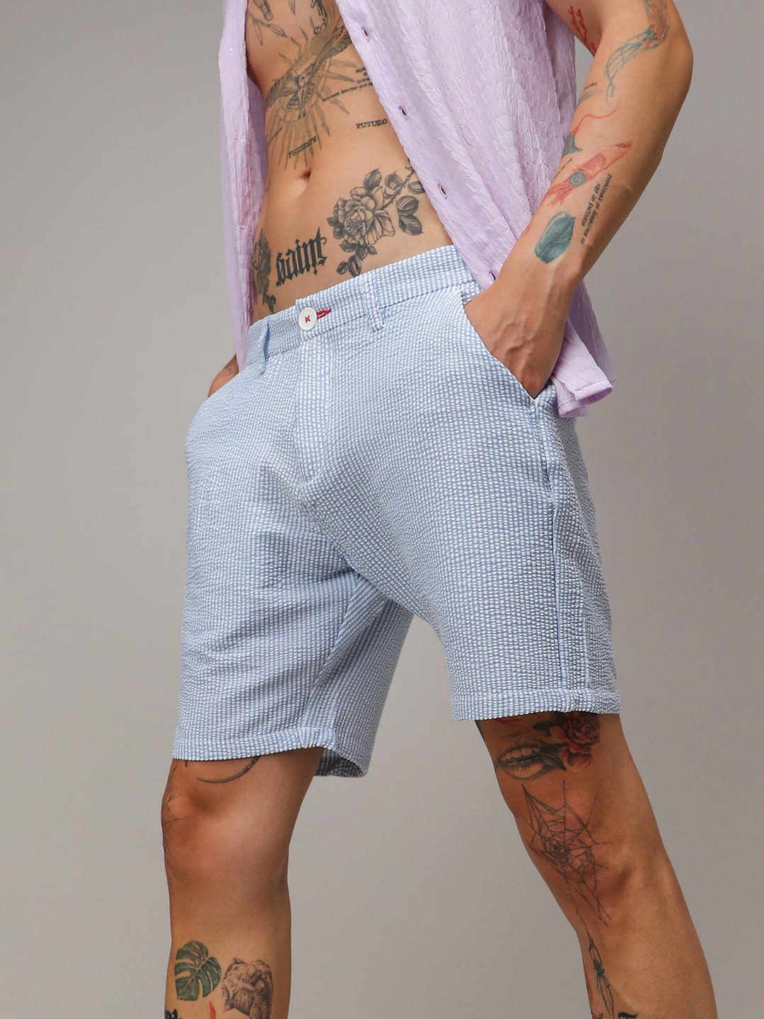 

Campus Sutra Blue Men Checked Seersucker Cotton Shorts