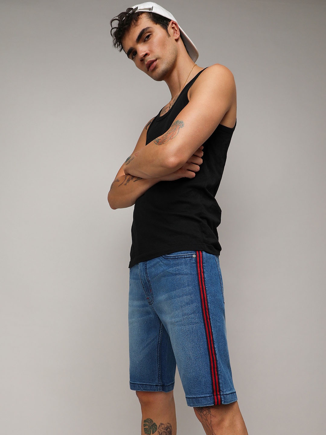 

Campus Sutra Blue Men Side-Striped Denim Shorts