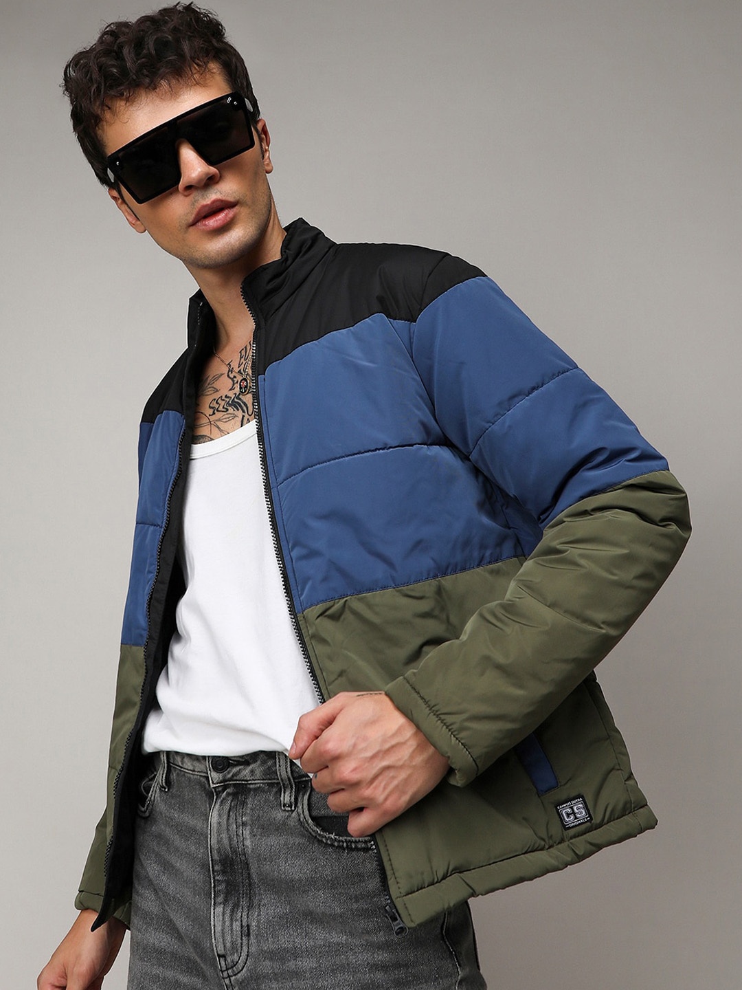 

Campus Sutra Blue Colourblocked Stand Collar Windcheater Bomber Jacket