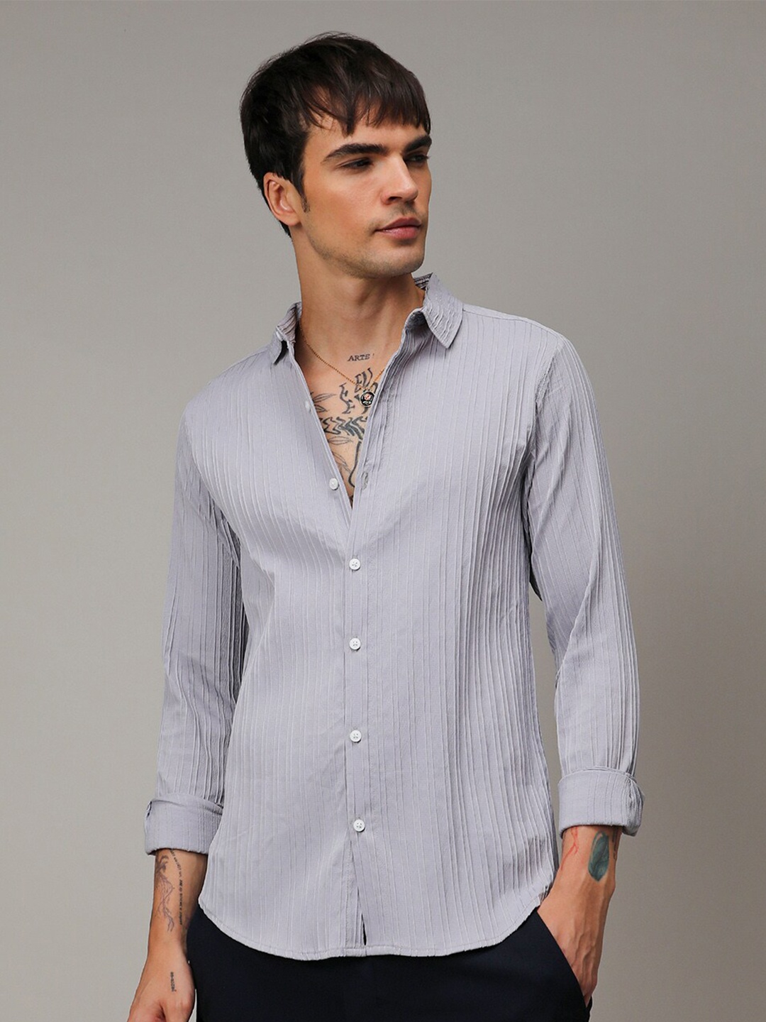 

Campus Sutra Self-Design Striped Shirt, Grey