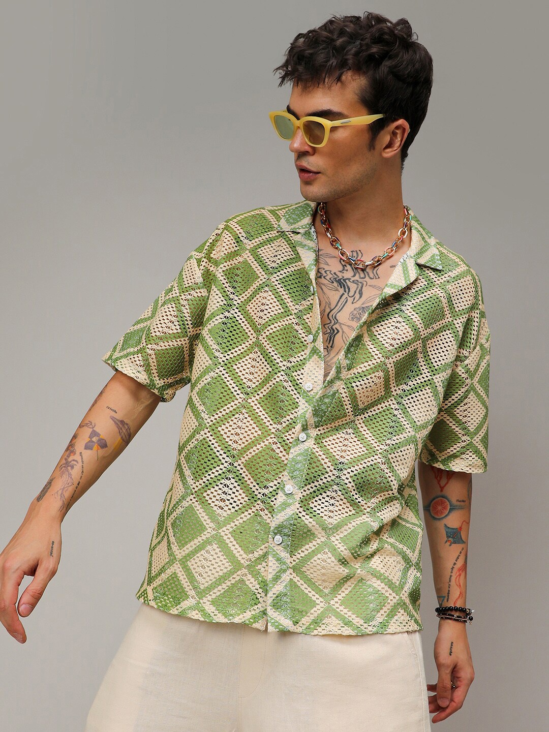 

Campus Sutra Geometric Block Oversized Shirt, Green