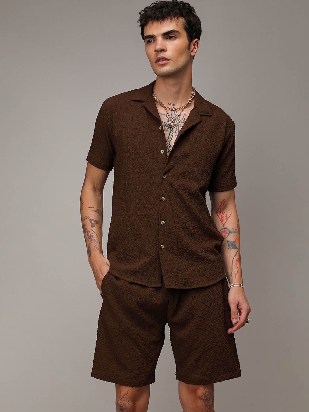 

Campus Sutra Brown Self Design Lapel Collar Shirt With Shorts