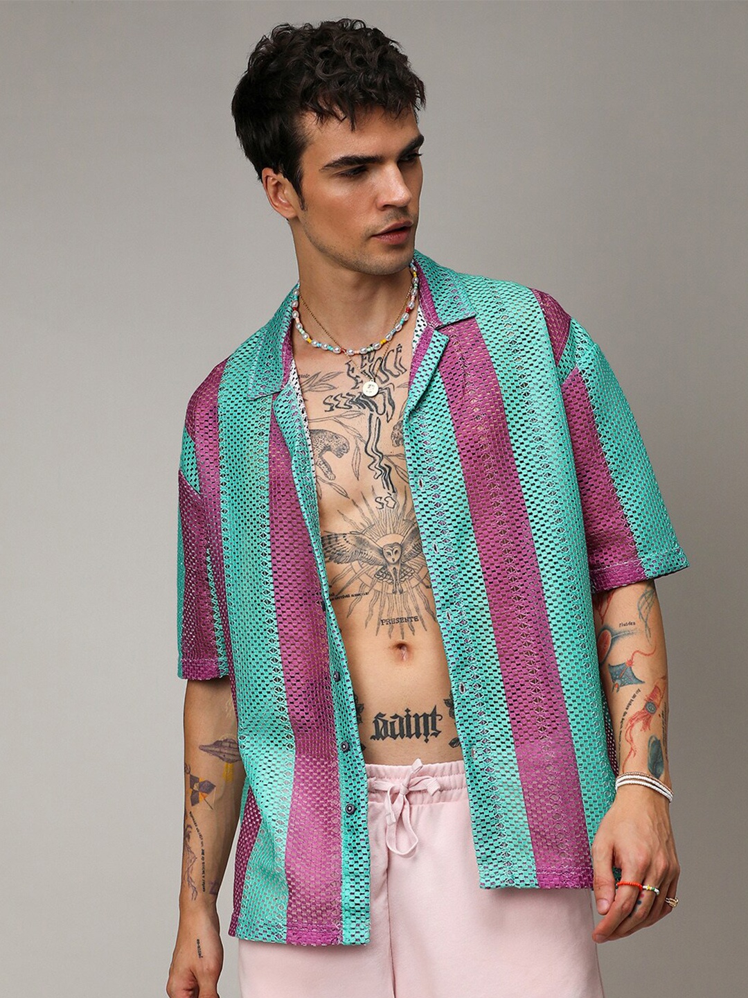 

Campus Sutra Balanced Striped Oversized Shirt, Green