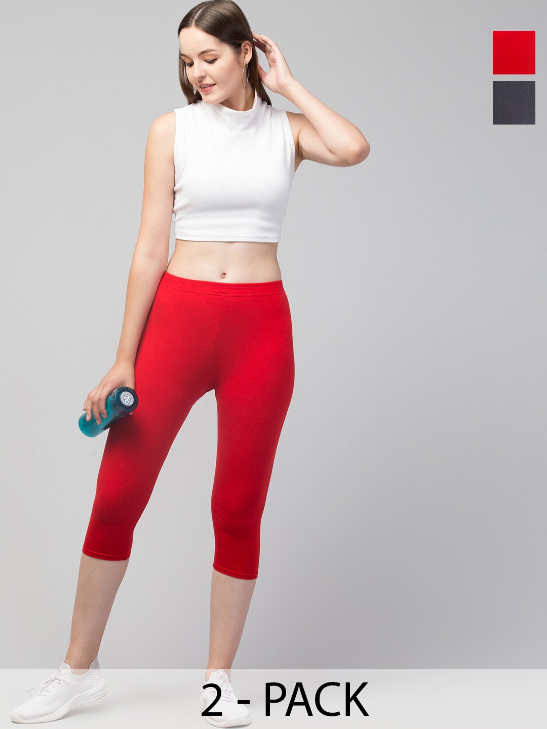 

A-Okay Women Pack Of 2 Skinny Fit Capris, Red
