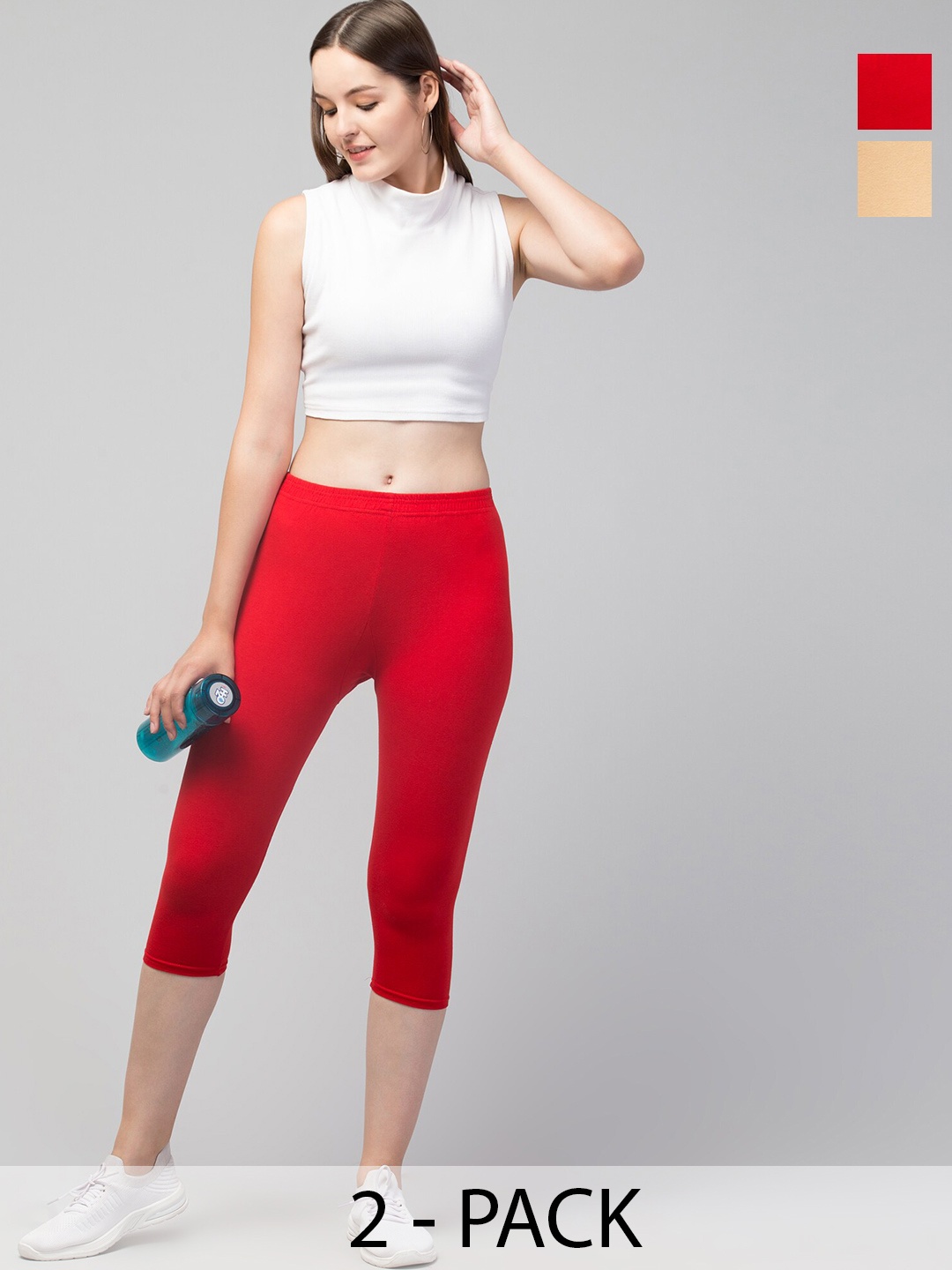 

A-Okay Women Pack Of 2 Mid-Rise Skinny Fit Capris, Red
