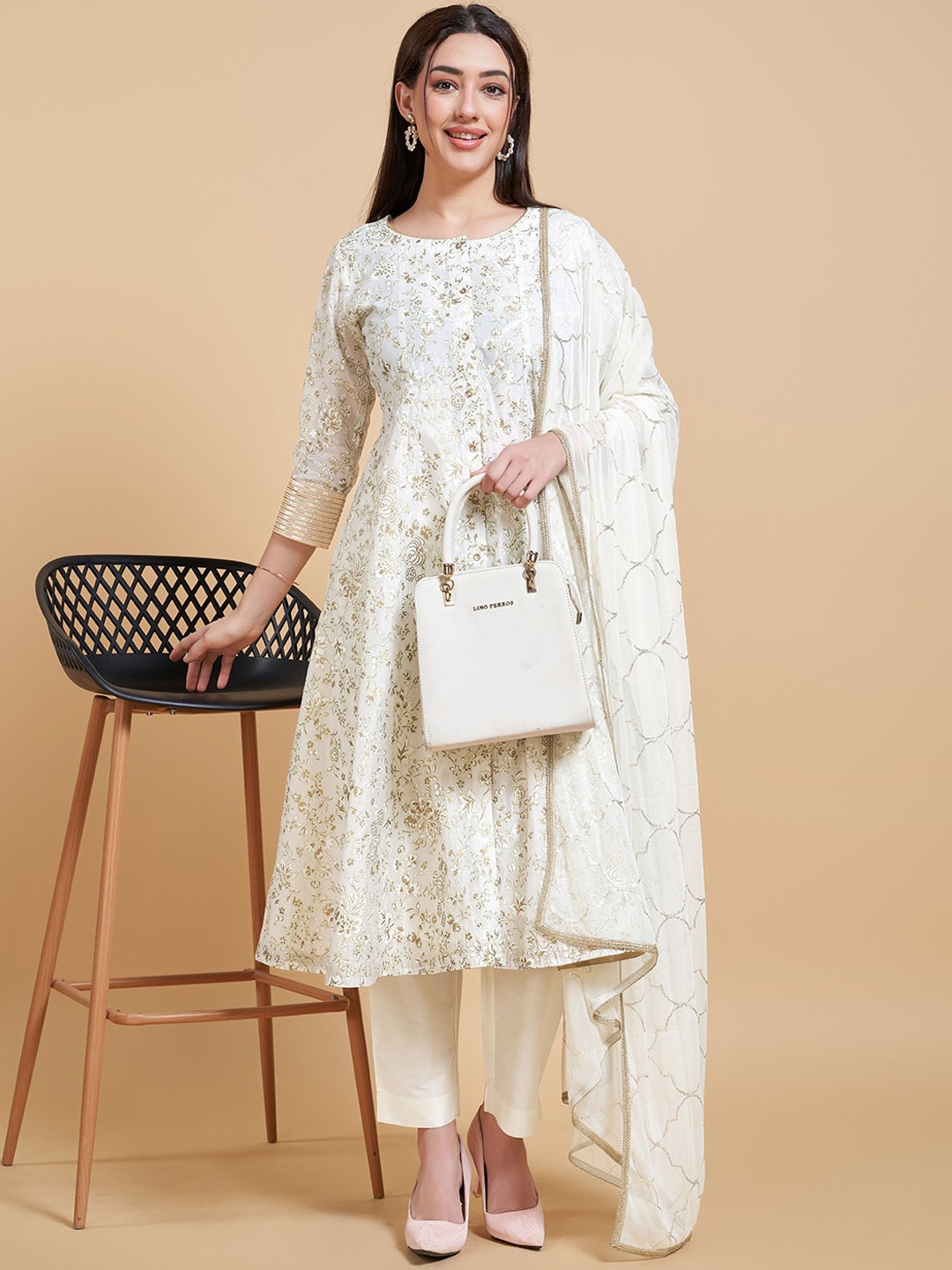 

Ishin Floral Printed Regular Chanderi Silk Kurta with Trousers & Dupatta, Off white