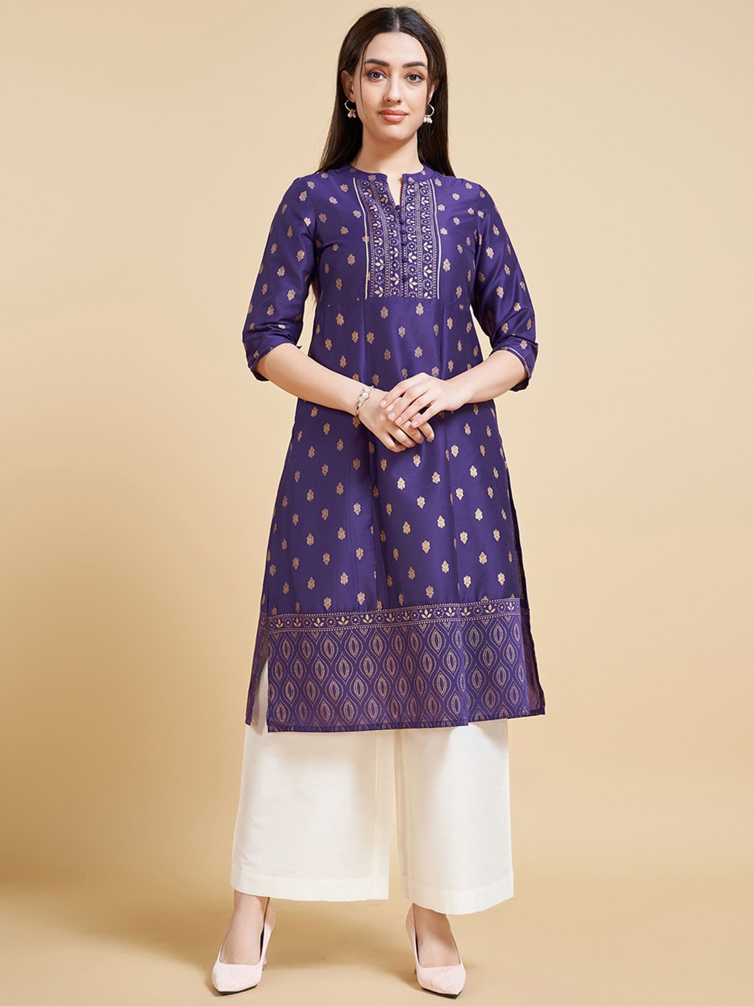 

Ishin Ethnic Motifs Printed Mandarin Collar A-Line Kurta, Purple
