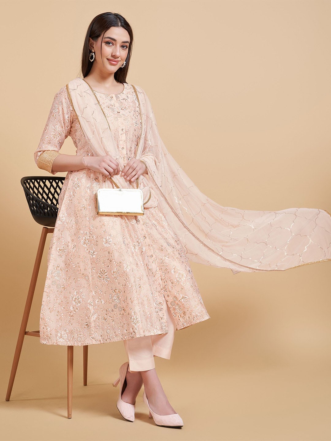 

Ishin Floral Printed A-Line Chanderi Silk Kurta with Trousers & Dupatta, Cream