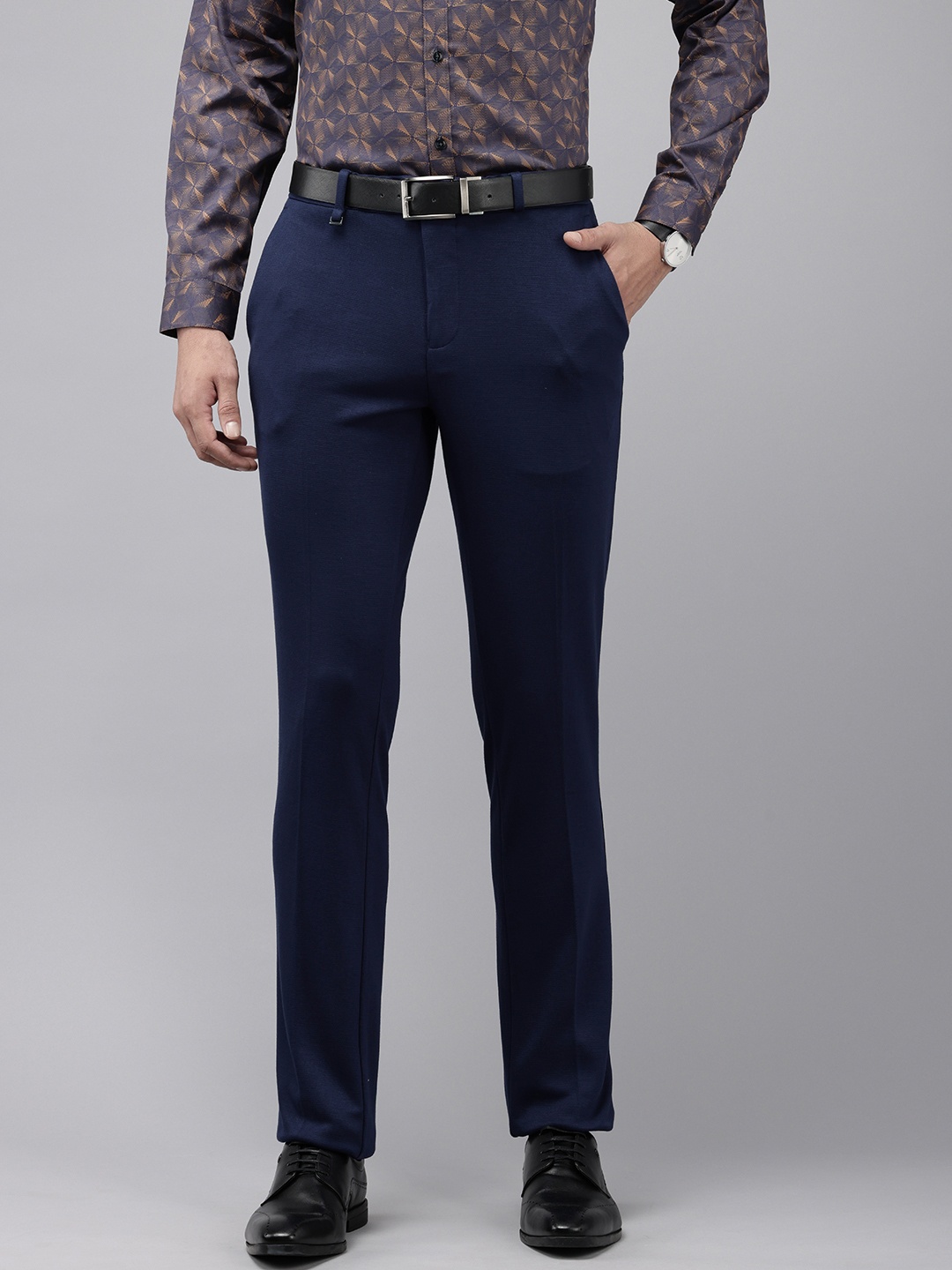 

V Dot Men Textured Skinny Fit Formal Trousers, Navy blue