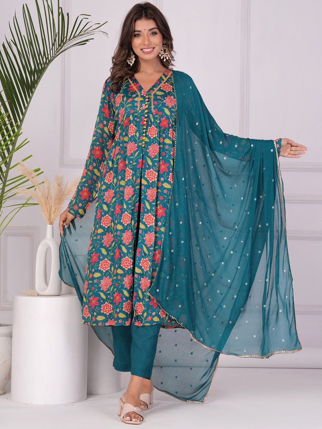 

KALINI Floral Printed Beads and Stones A-Line Kurta with Trousers & With Dupatta, Green