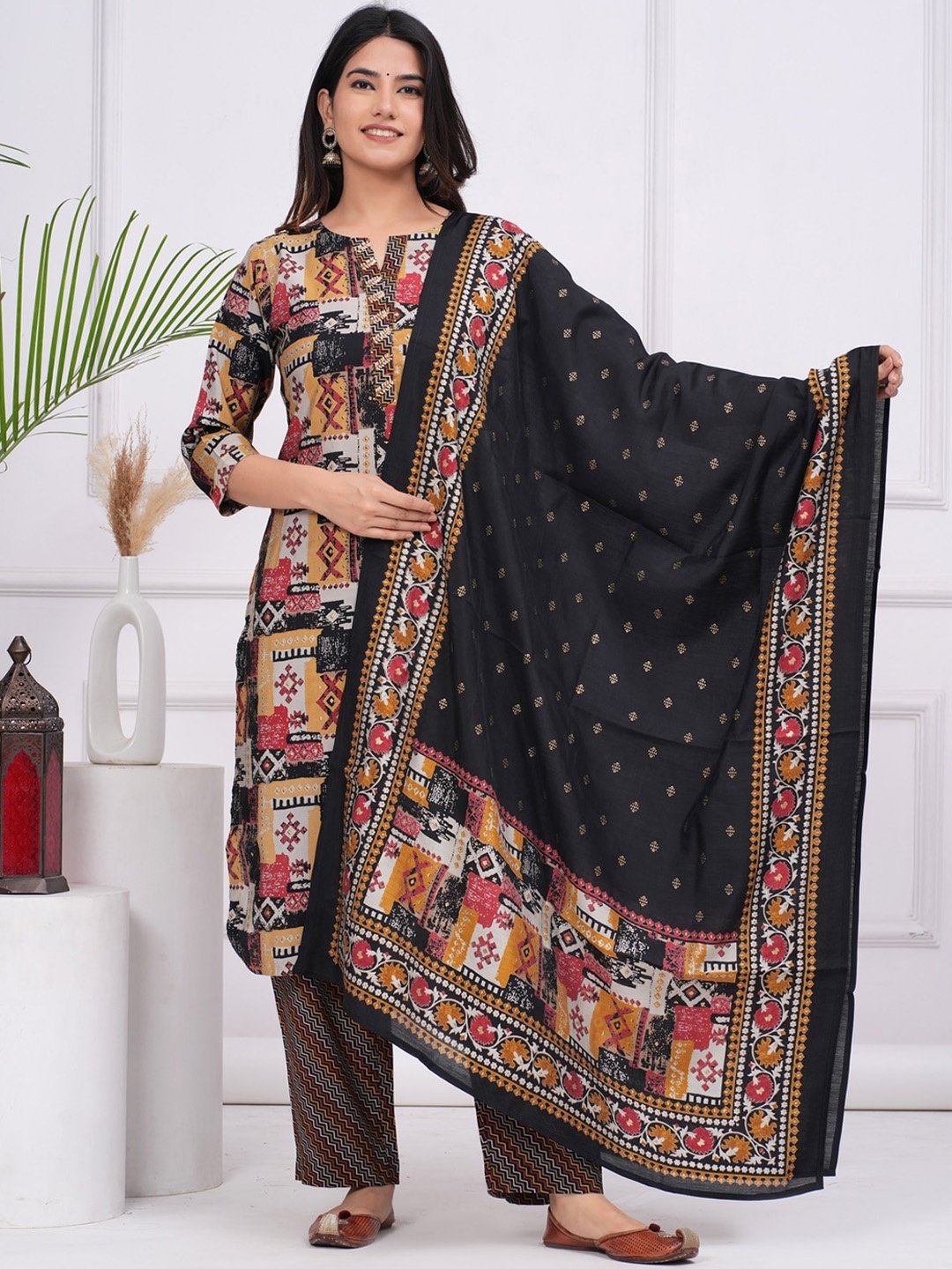 

KALINI Geometric Printed Beads and Stones Pure Silk Kurta with Trousers & Dupatta, Black