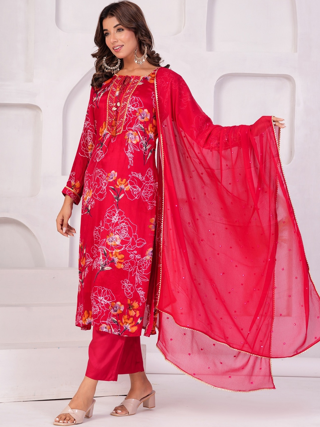 

KALINI Floral Printed Beads and Stones Straight Kurta with Trousers & Dupatta, Pink