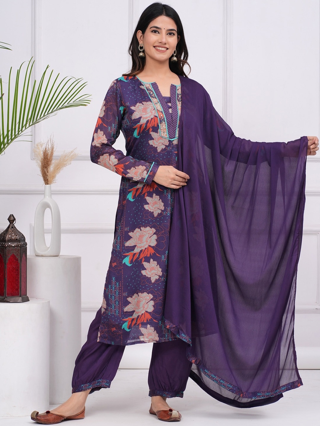 

KALINI Floral Printed Beads and Stones Straight Kurta with Salwar & Dupatta, Blue
