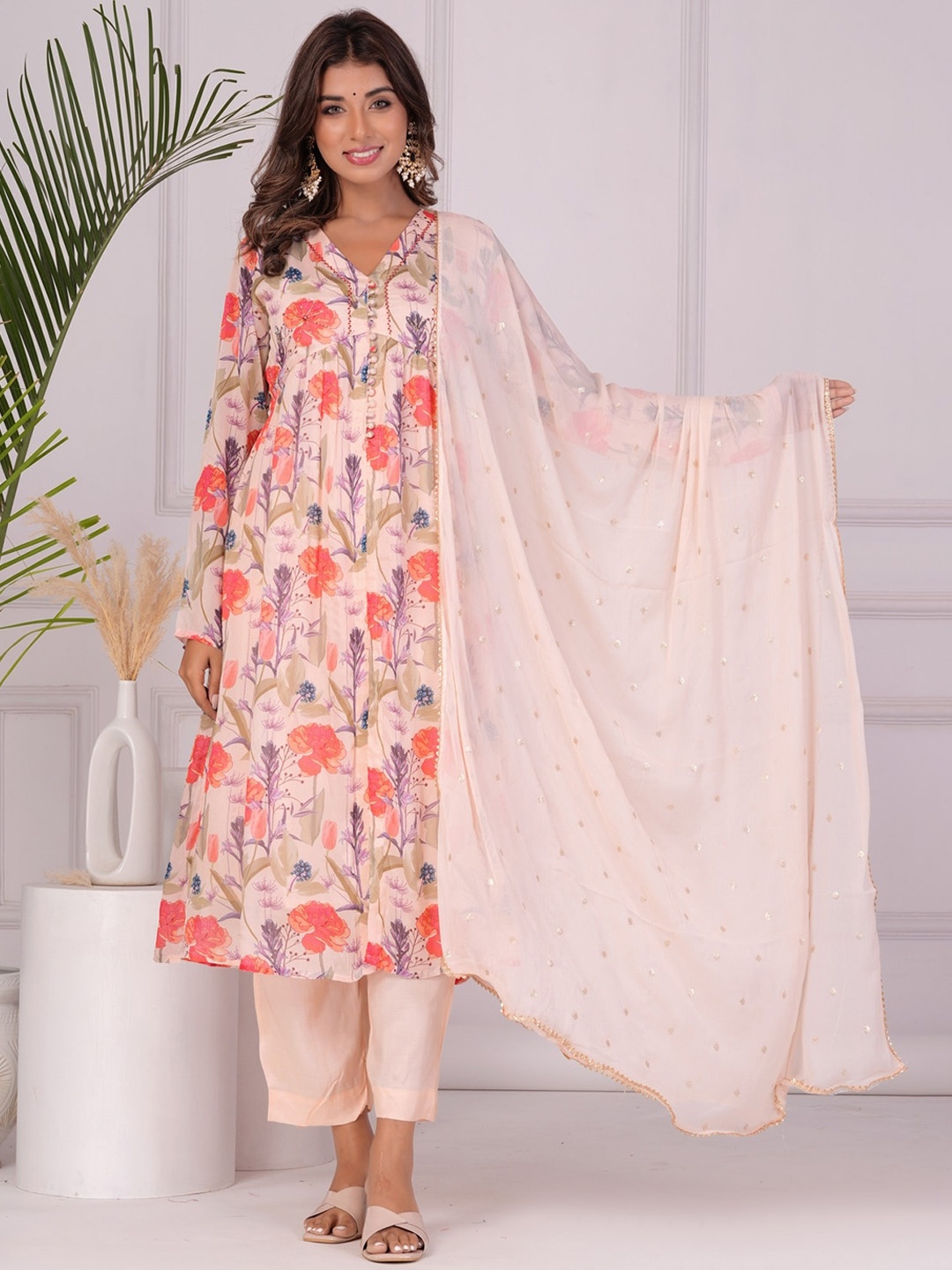 

KALINI Floral Printed Beads & Stones Naira Cut A-line Kurta with Trousers & Dupatta, White
