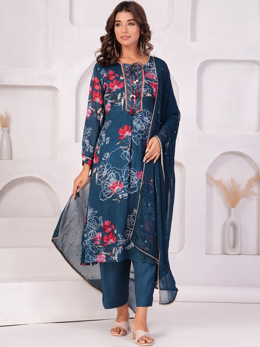 

KALINI Floral Printed Naira Cut Straight Kurta with Trousers & Dupatta, Blue