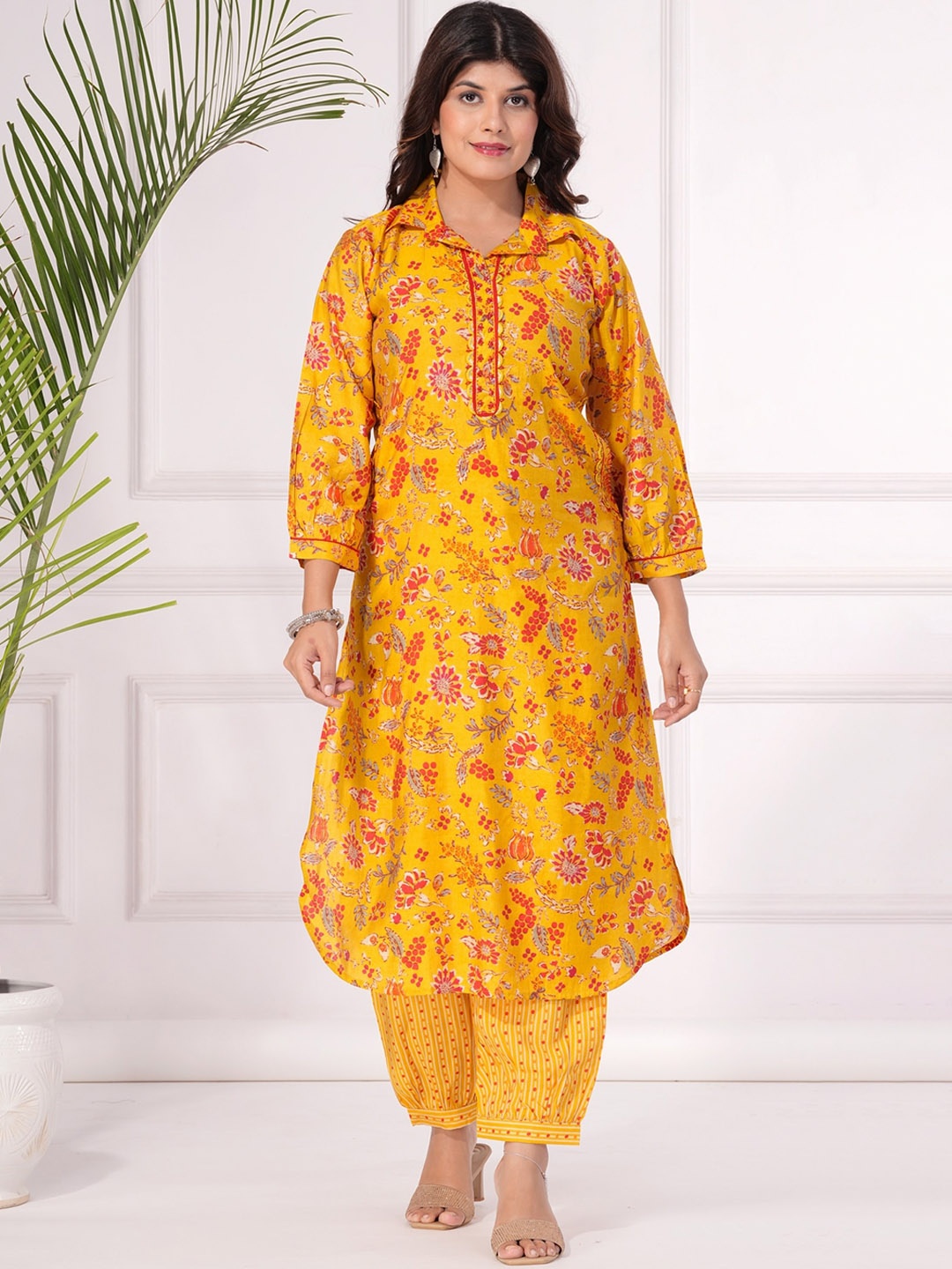 

KALINI Floral Printed Shirt Collar Sequinned Straight Kurta with Salwar, Yellow