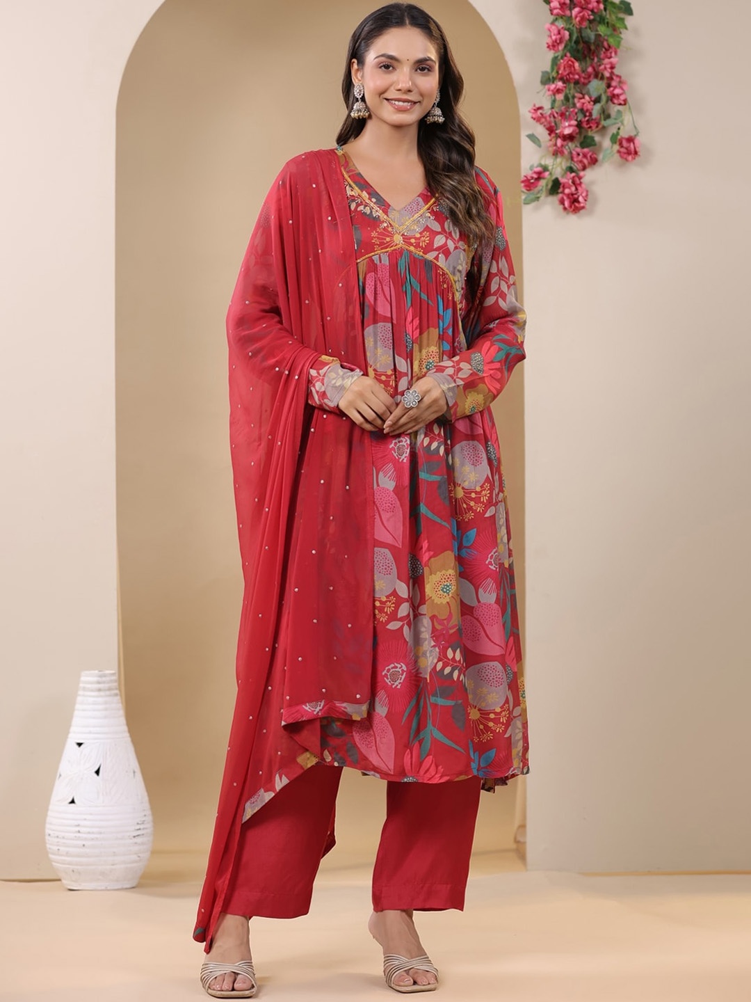

KALINI Floral Printed Kurta With Trouser & Dupatta, Maroon