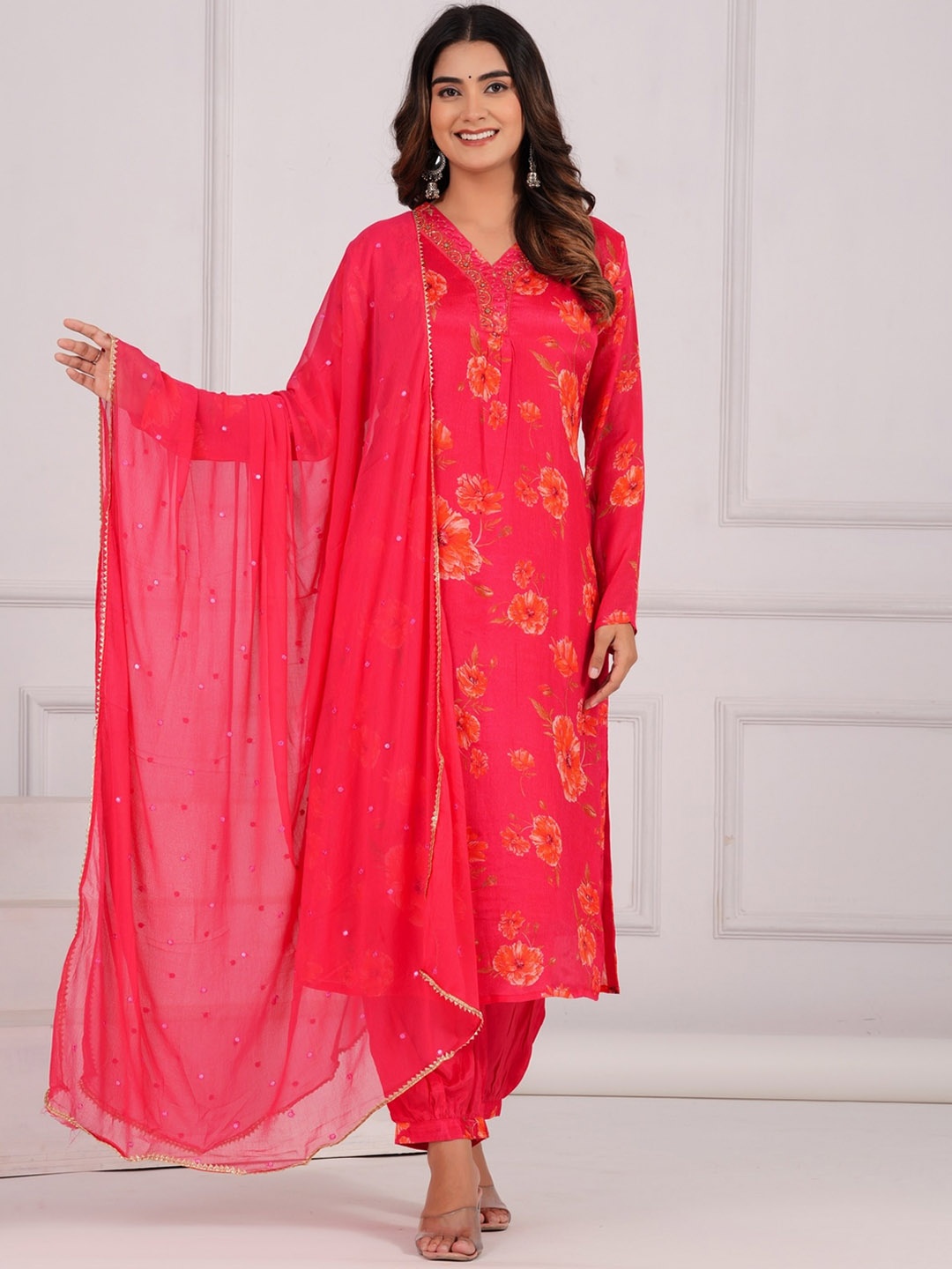 

KALINI Floral Printed V-Neck Regular Beads and Stones Kurta Set & Dupatta, Pink