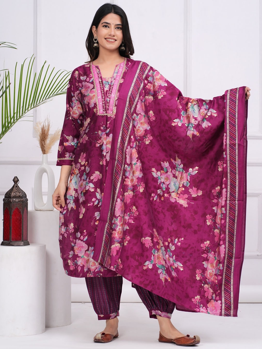 

KALINI Floral Printed Beads and Stones Pure Silk Anarkali Kurta with Trousers & Dupatta, Maroon