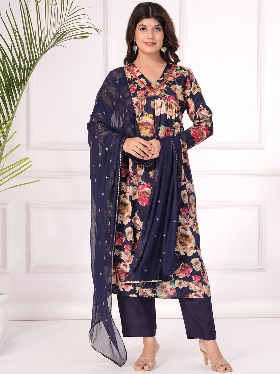

KALINI Floral Printed Beads and Stones Pure Silk Straight Kurta with Trousers & Dupatta, Navy blue