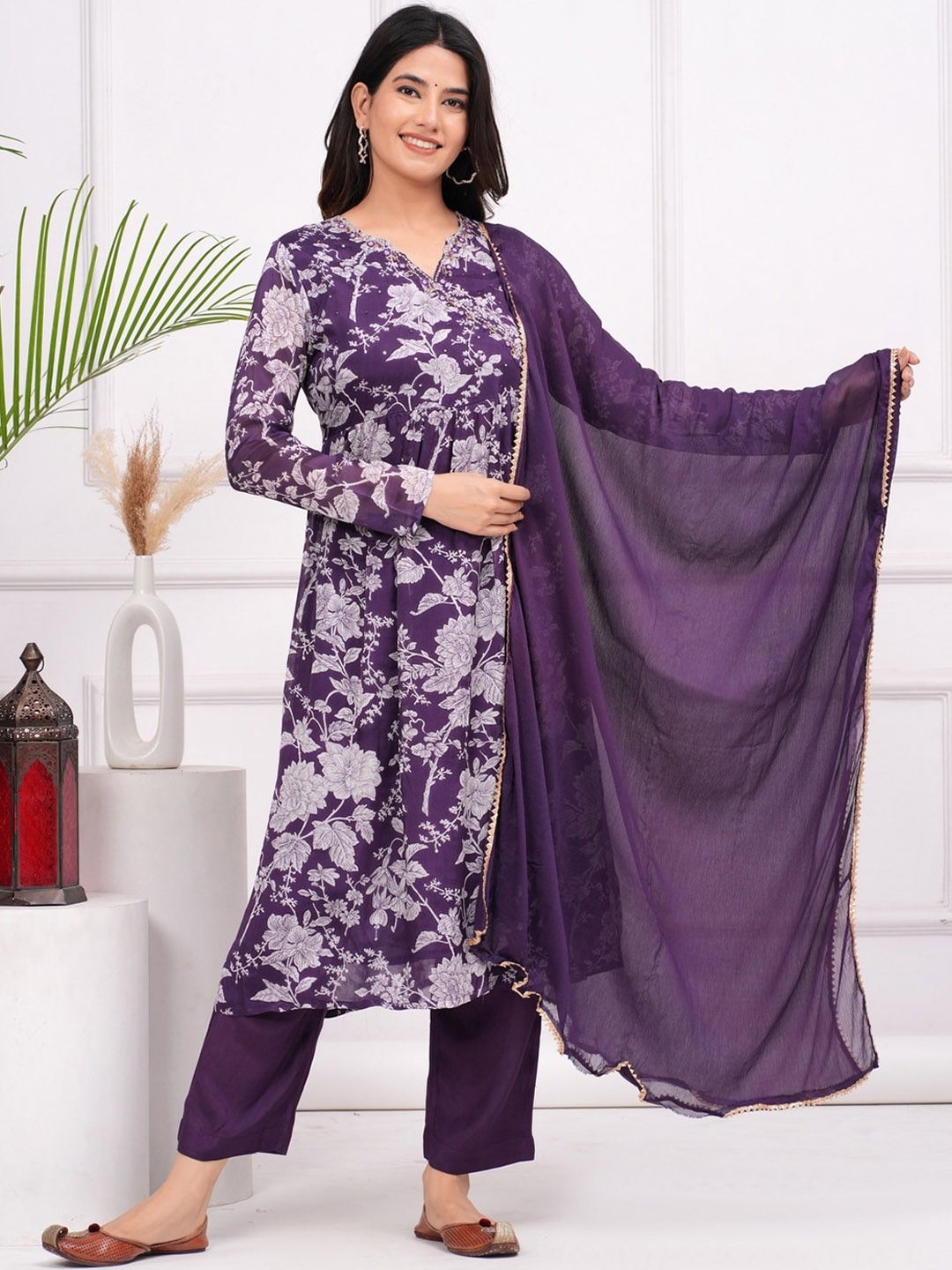 

KALINI Floral Printed Plated Straight Kurta with Trousers & Dupatta, Purple