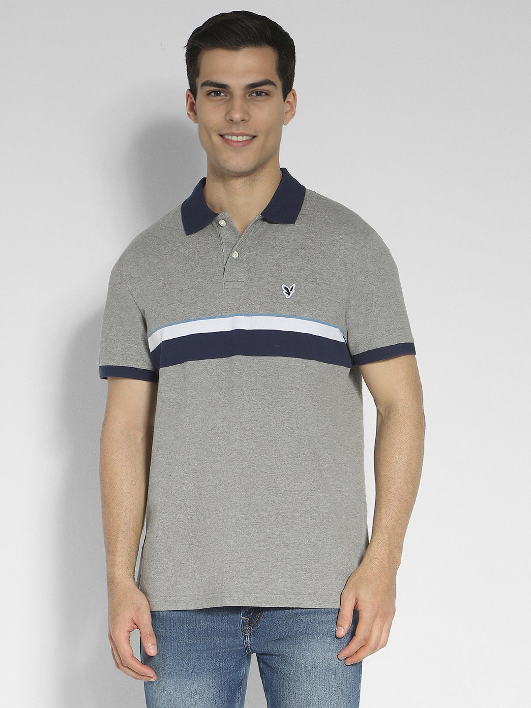 

AMERICAN EAGLE OUTFITTERS Striped Polo Collar T-shirt, Grey