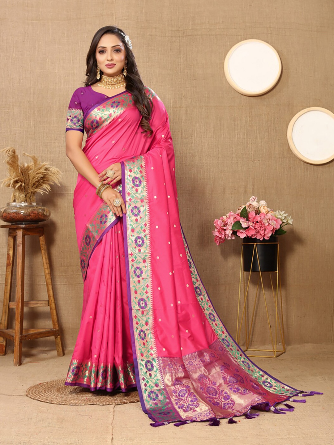 

KALINI Floral Woven Design Zari Art Silk Paithani Saree, Pink