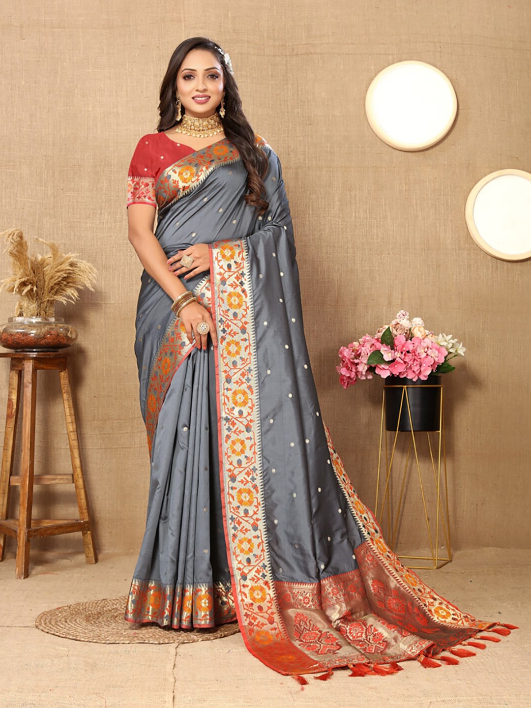 

KALINI Woven Design Zari Art Silk Paithani Saree, Grey