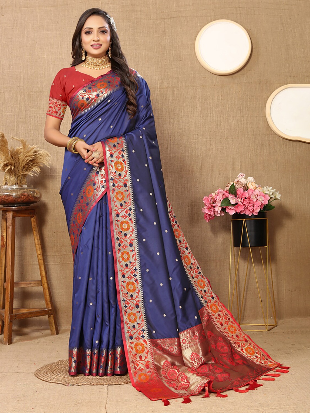 

KALINI Ethnic Motifs Woven Design Zari Paithani Saree, Blue