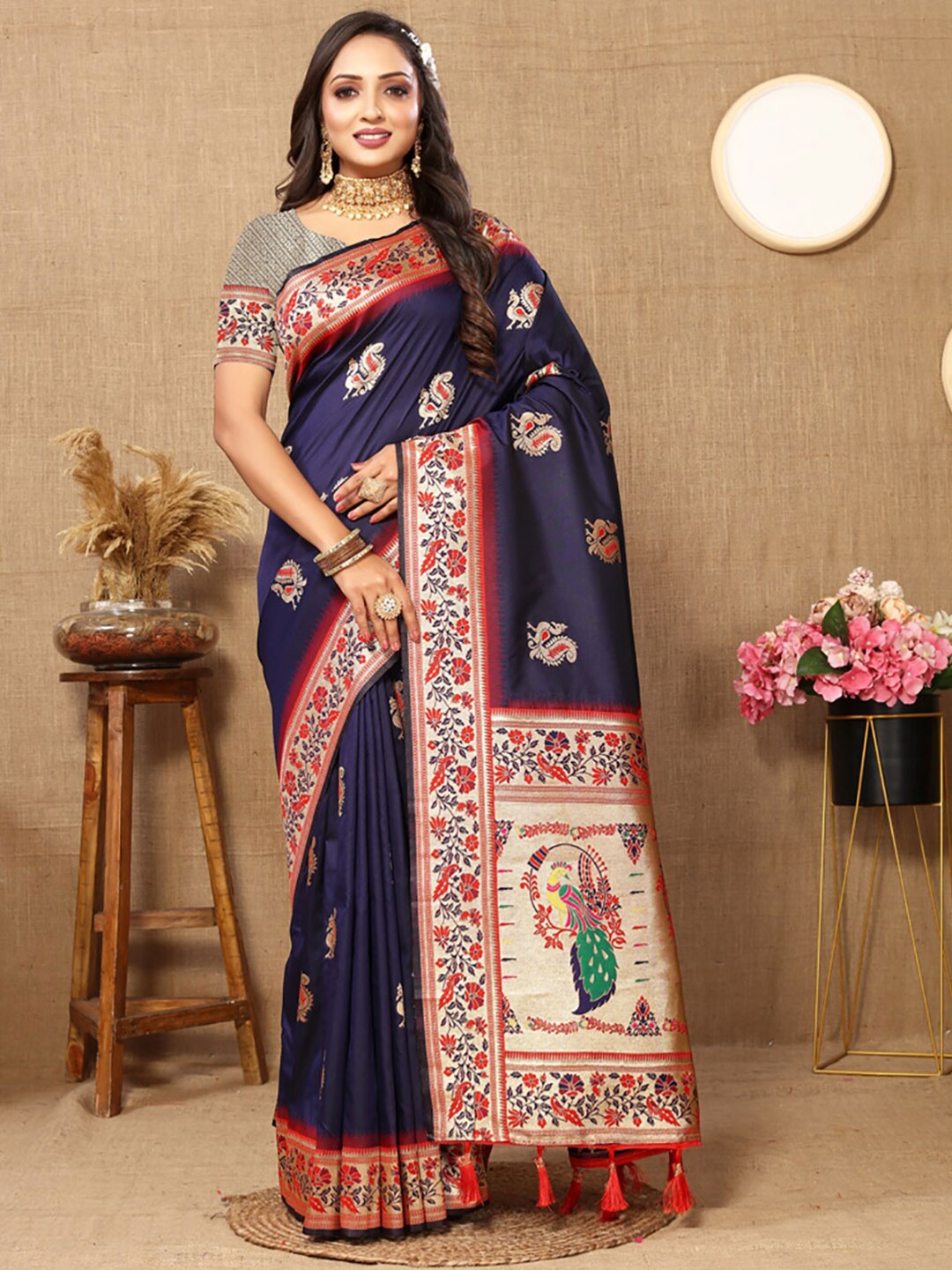 

KALINI Ethnic Motfs Woven Design Zari Paithani Saree, Navy blue