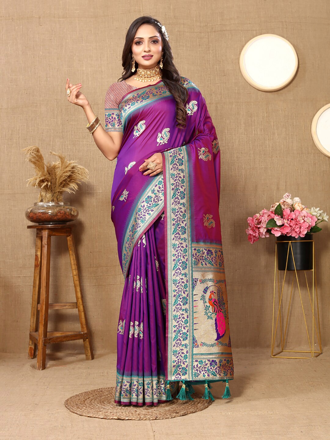 

KALINI Floral Woven Design Zari Art Silk Paithani Saree, Purple