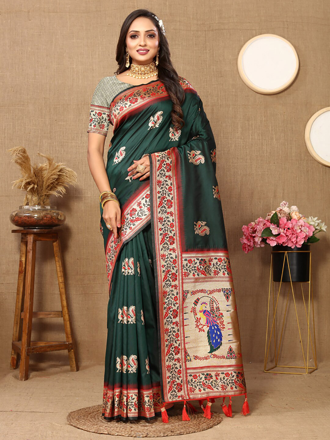 

KALINI Ethnic Motifs Woven Design Zari Paithani Saree, Green