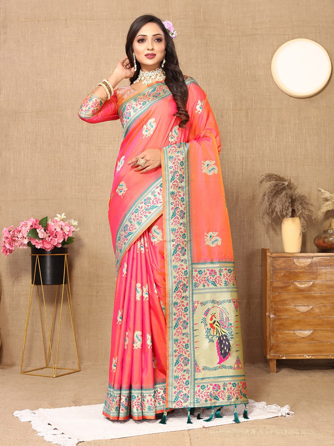 

KALINI Ethnic Motifs Woven Design Zari Paithani Saree, Peach