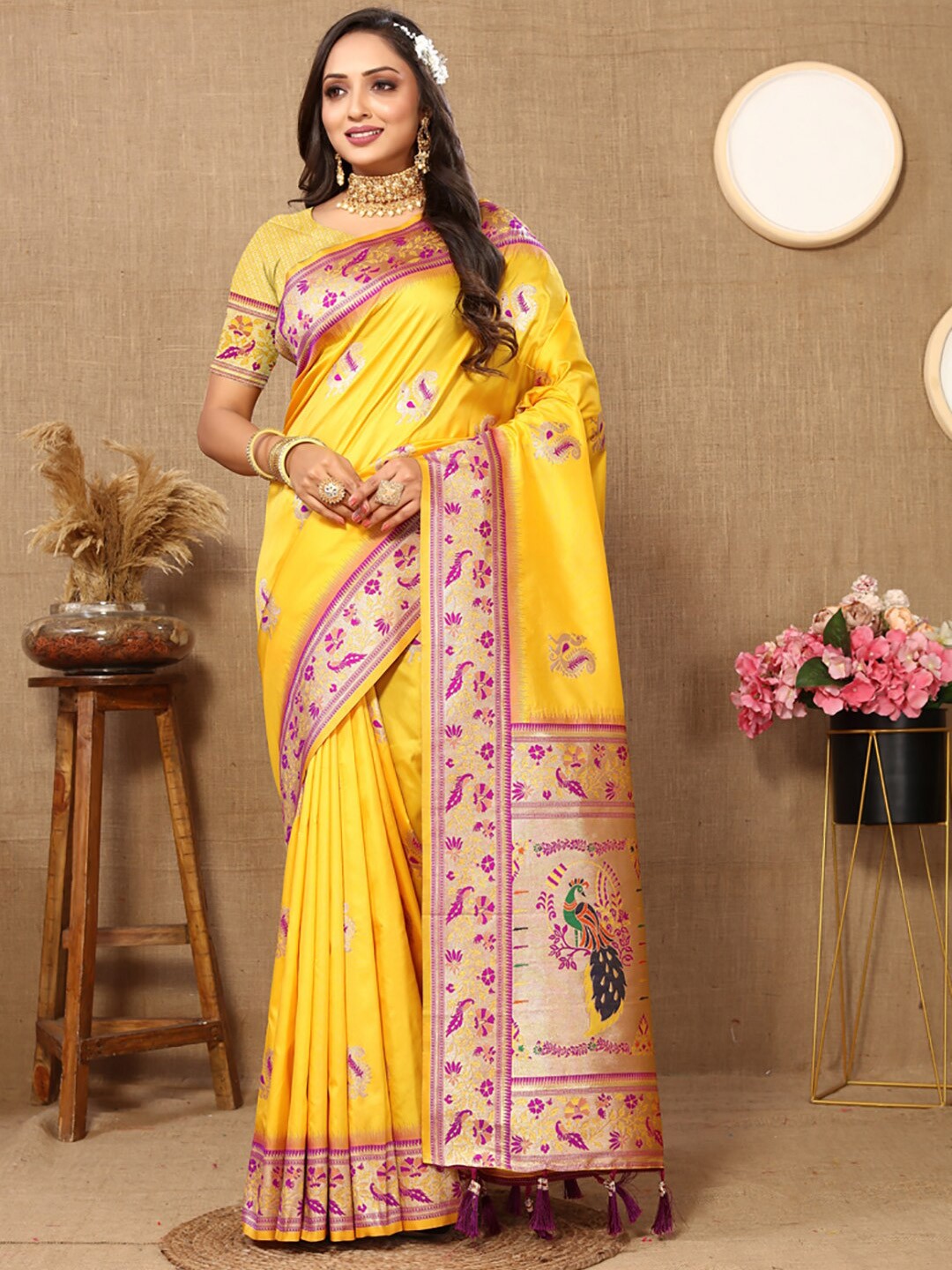 

KALINI Ethnic Motifs Woven Design Zari Paithani Saree, Yellow