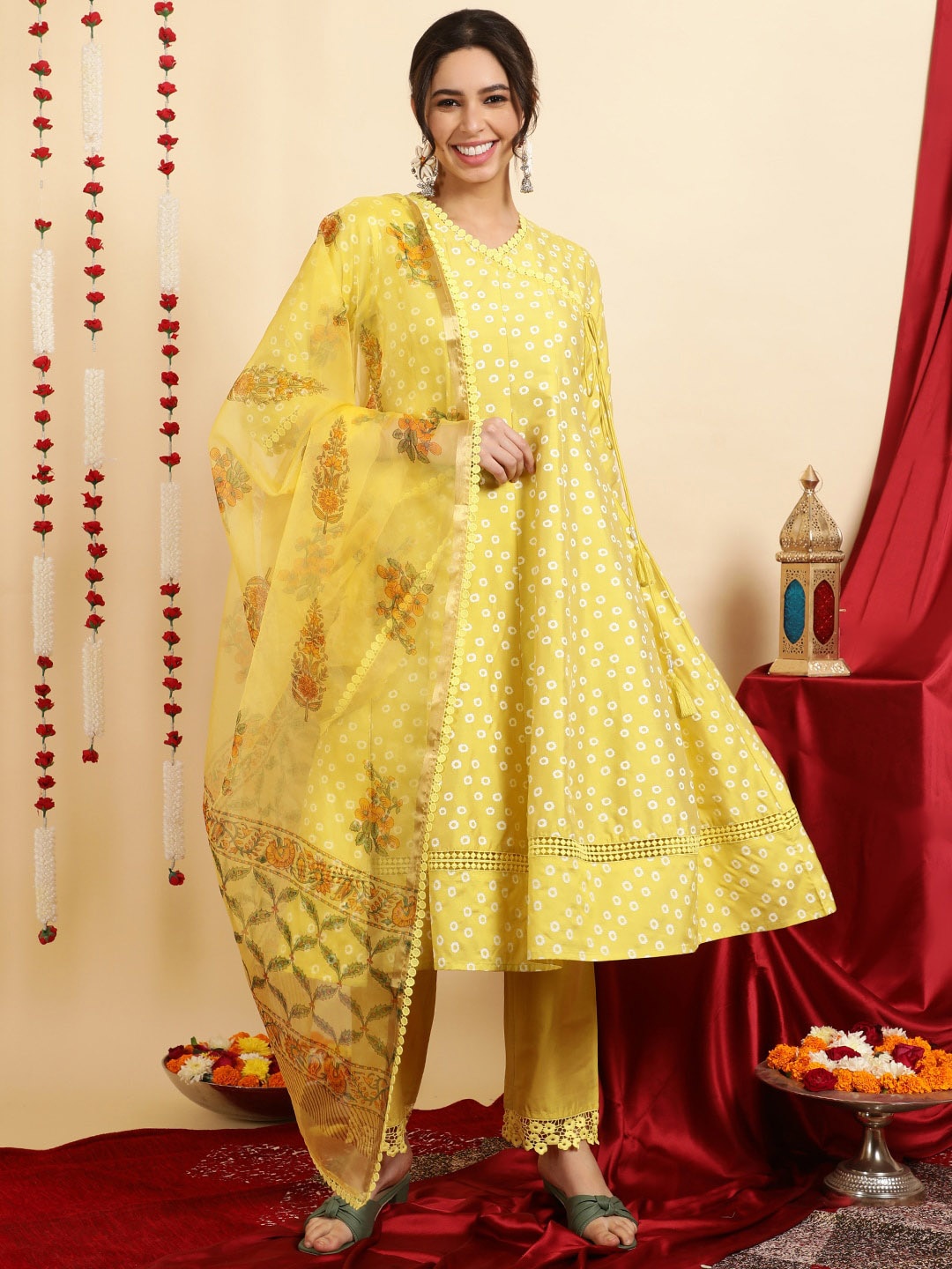 

Jaipur Kurti Block Printed Angrakha Chanderi Cotton Anarkali Kurta with Trousers & Dupatta, Yellow