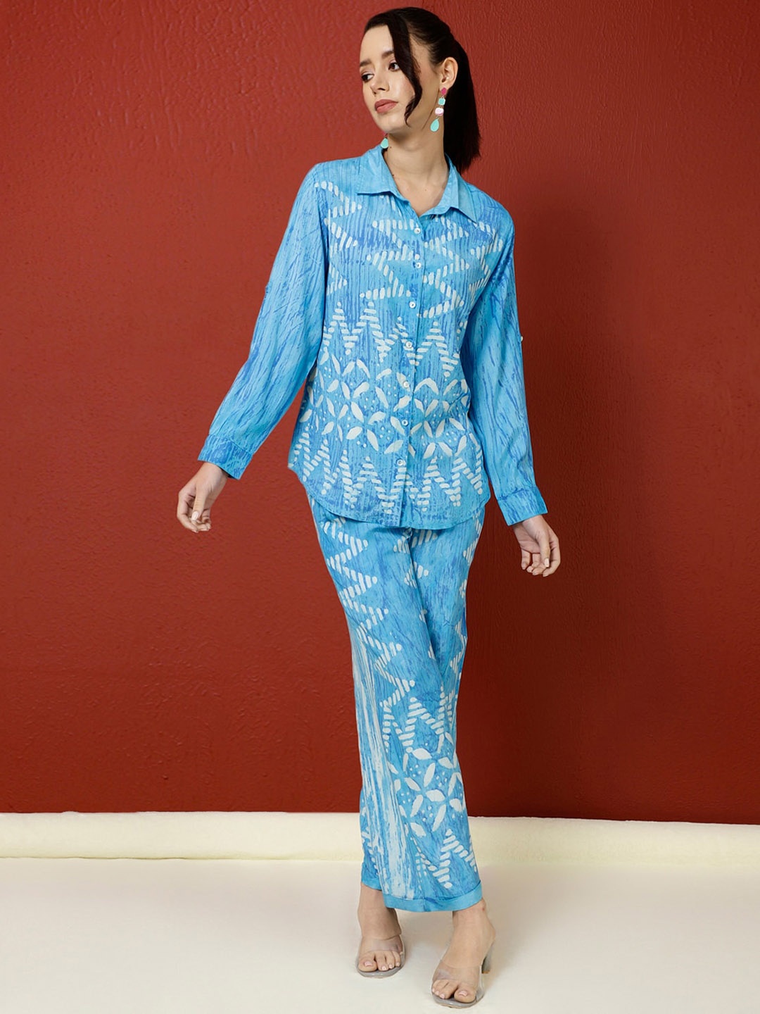 

Jaipur Kurti Tie & Dye Shirt Collar Shirt & Trousers, Turquoise blue