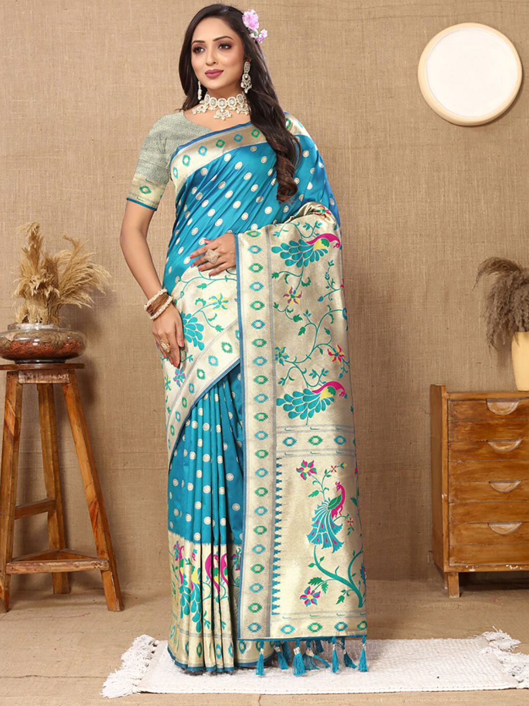 

KALINI Ethnic Motifs Woven Design Zari Paithani Saree, Turquoise blue