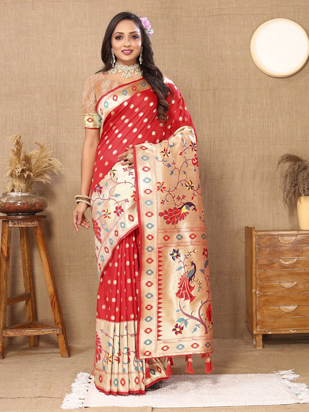 

KALINI Ethnic Motifs Woven Design Zari Art Silk Paithani Saree, Red