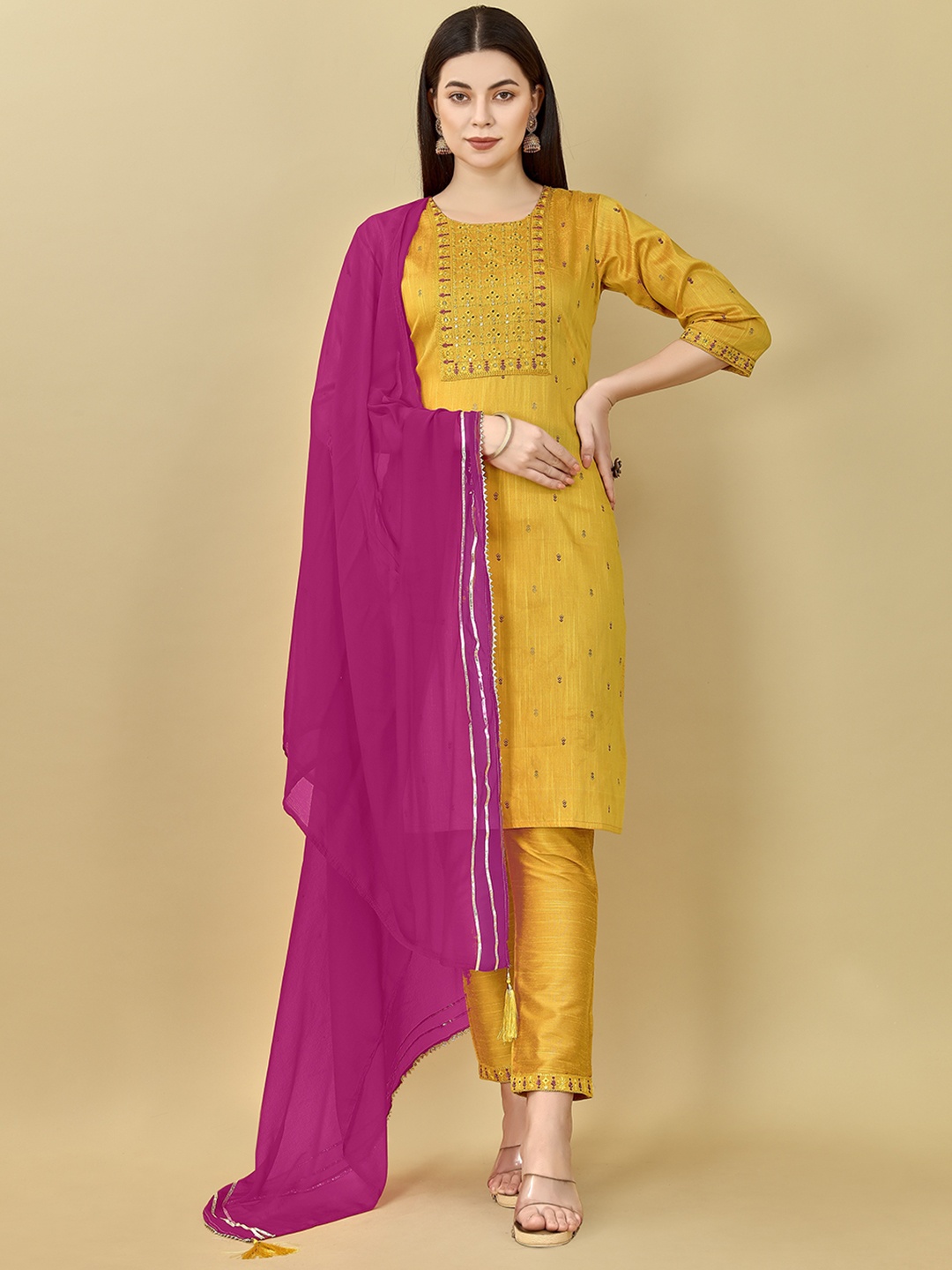 

DIVASTRI Ethnic Motifs Printed Thread Work Straight Kurta With Trousers & Dupatta, Yellow