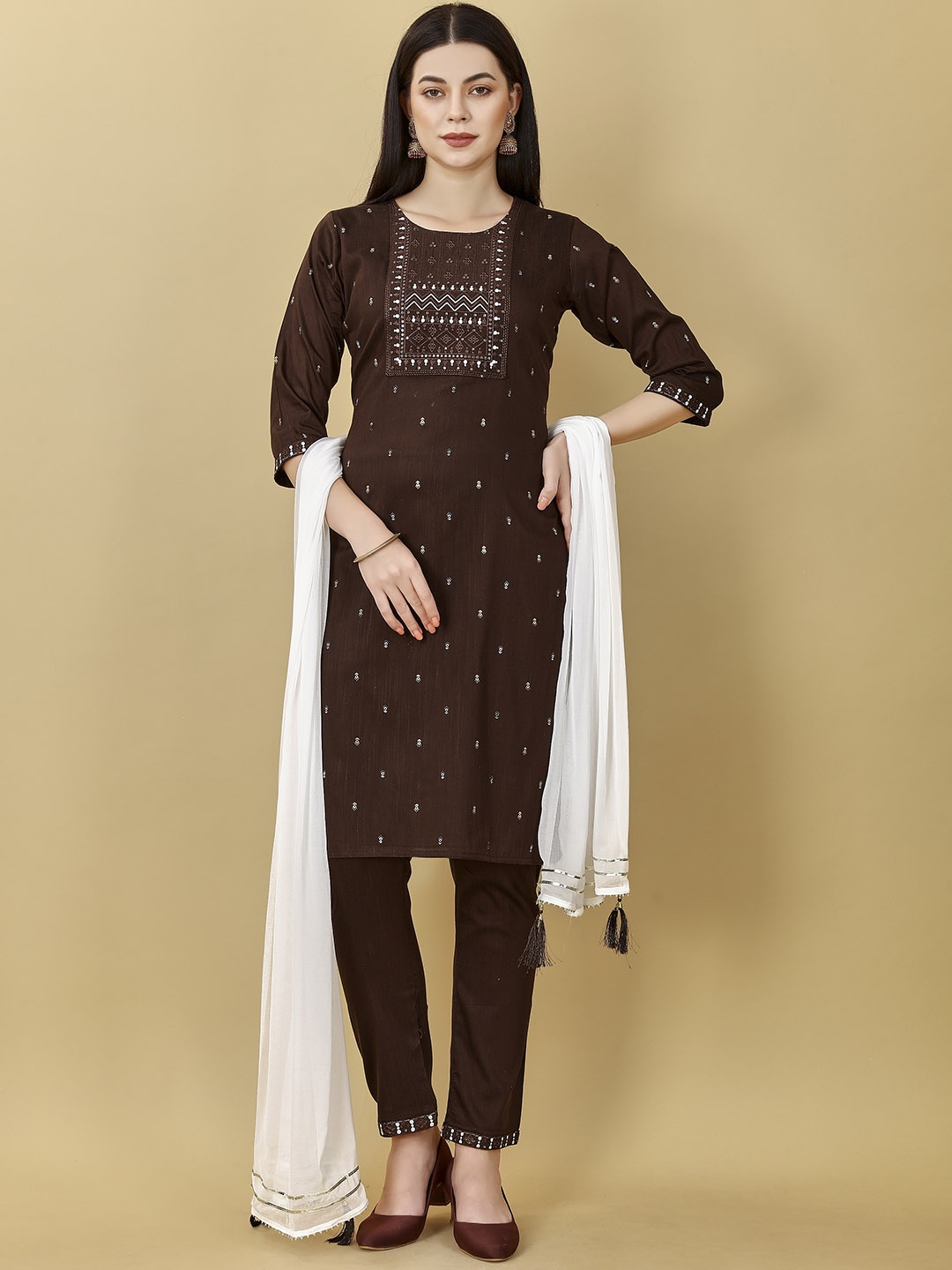 

DIVASTRI Ethnic Motifs Printed Thread Work Straight Kurta With Trousers & Dupatta, Brown