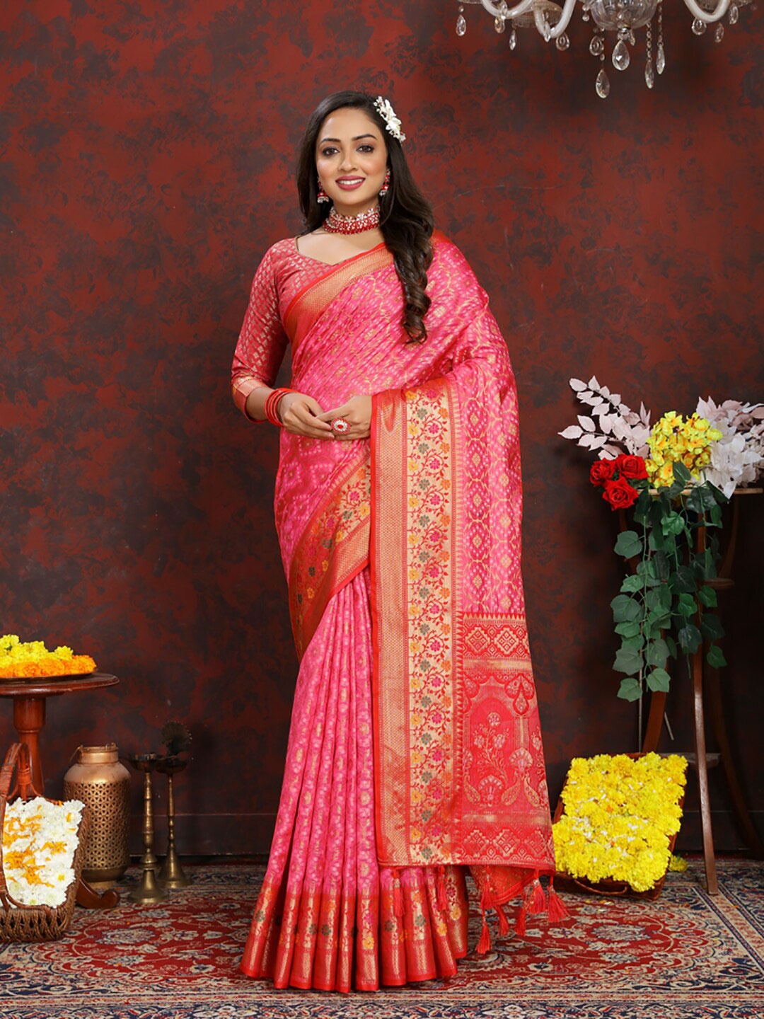 

KALINI Woven Design Zari Organza Banarasi Saree, Magenta
