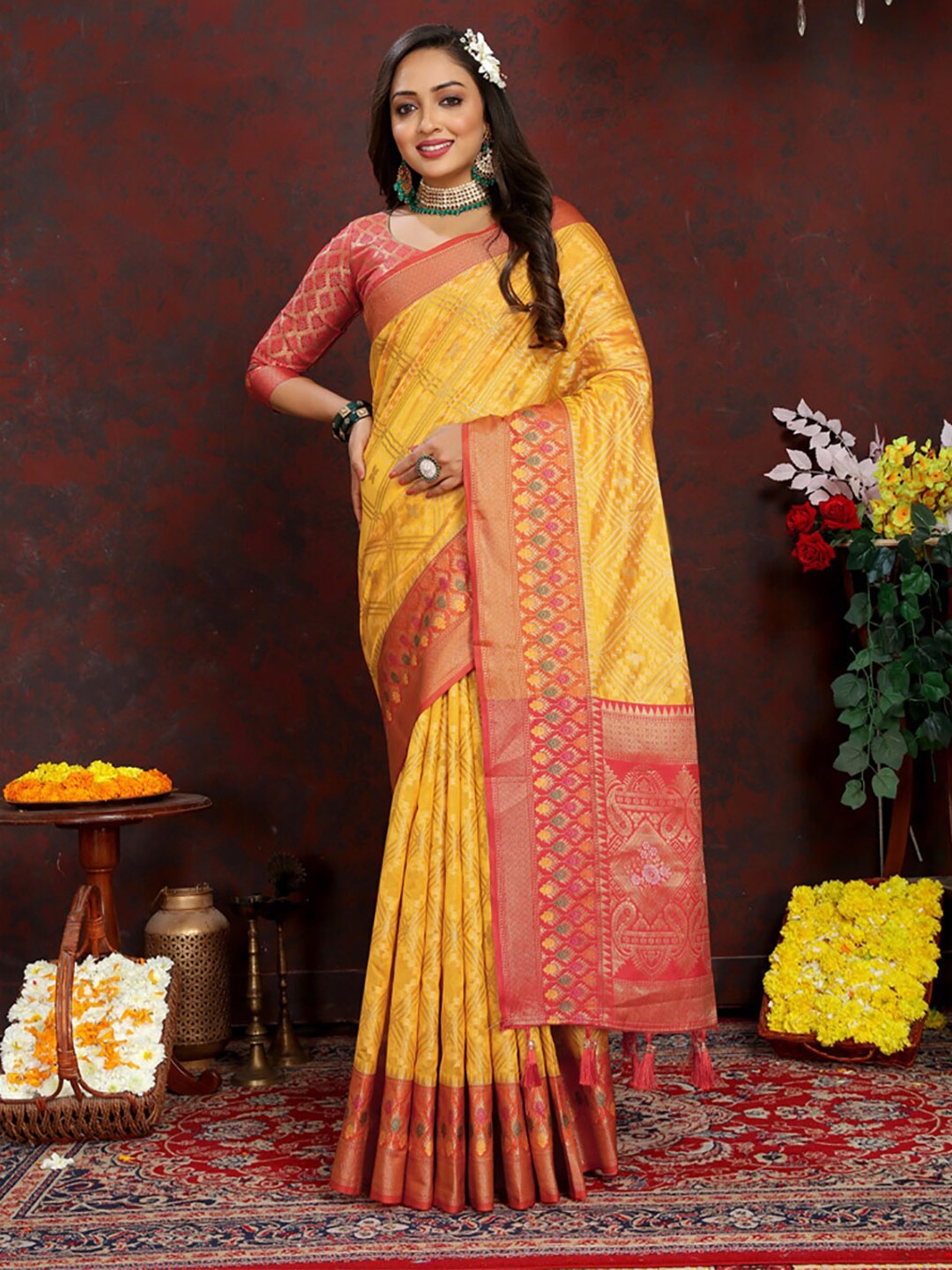 

KALINI Woven Design Zari Organza Banarasi Saree, Gold
