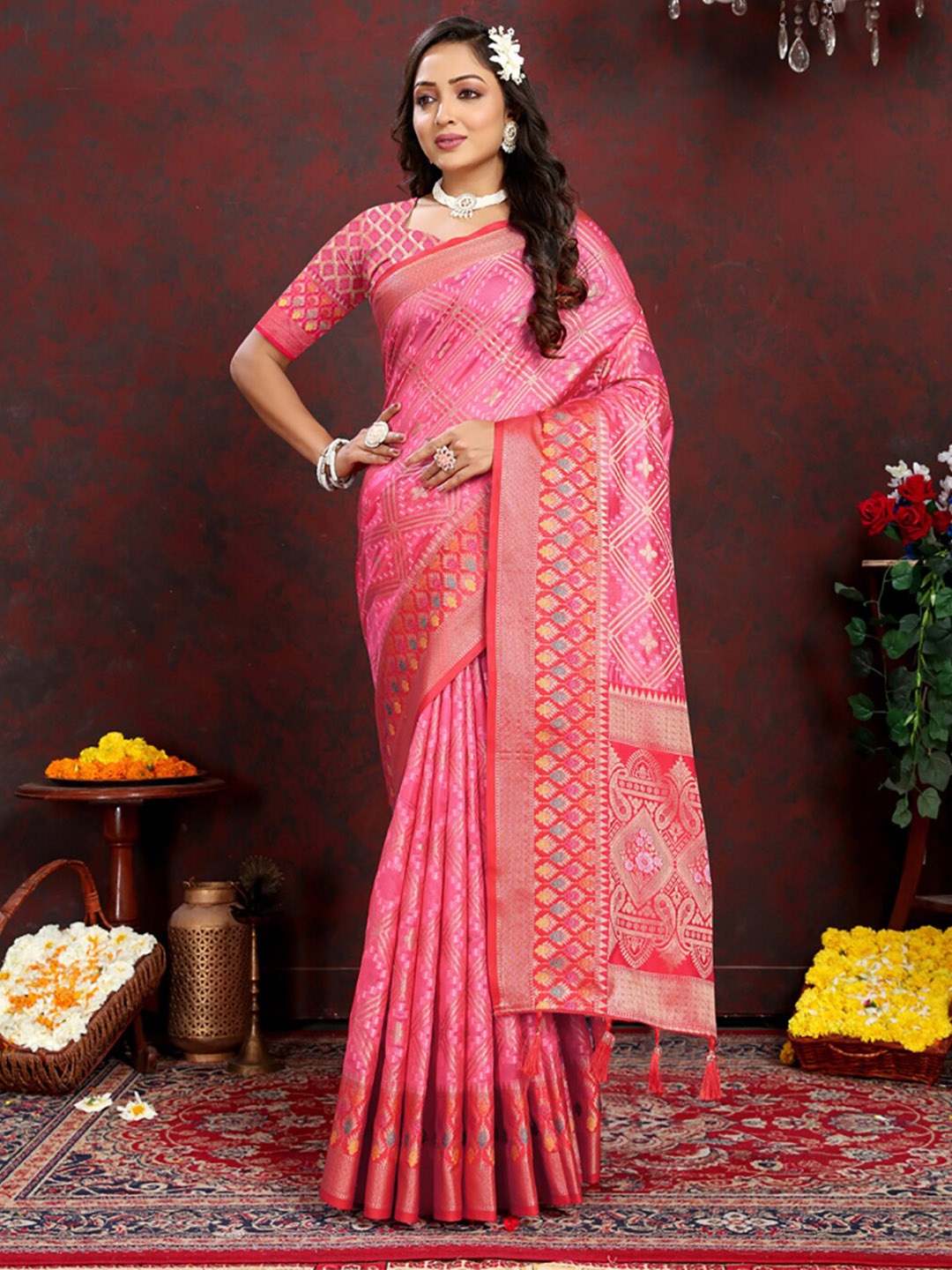 

KALINI Woven Design Zari Organza Banarasi Saree, Magenta