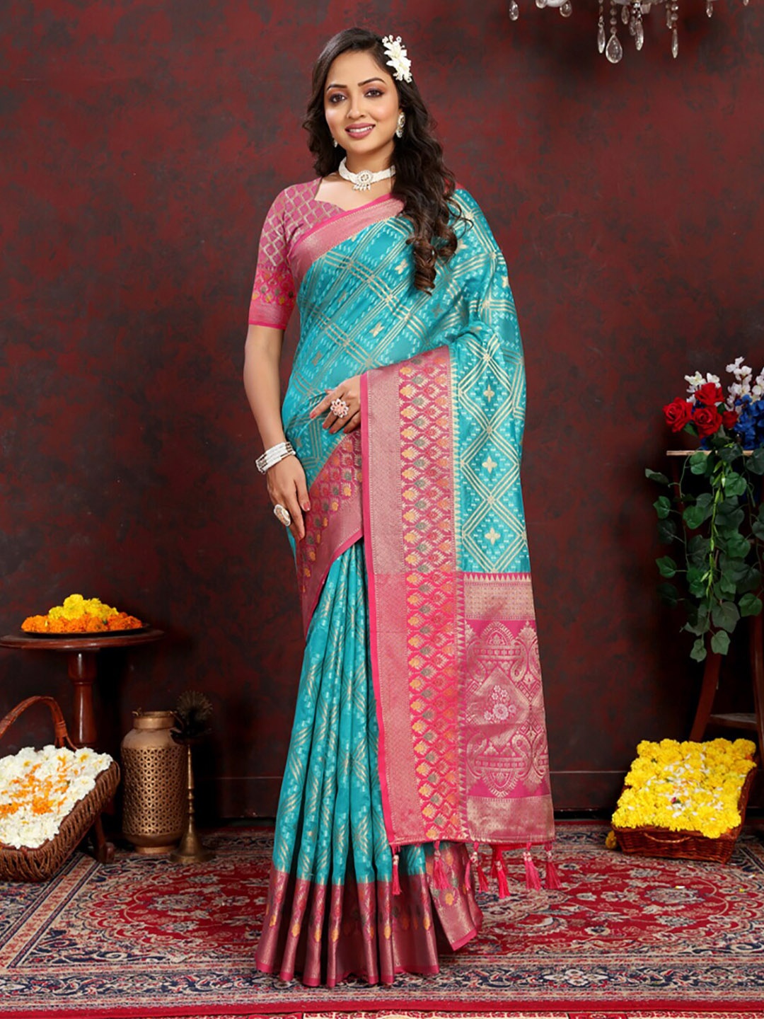 

KALINI Geometric Woven Design Zari Organza Banarasi Saree, Turquoise blue