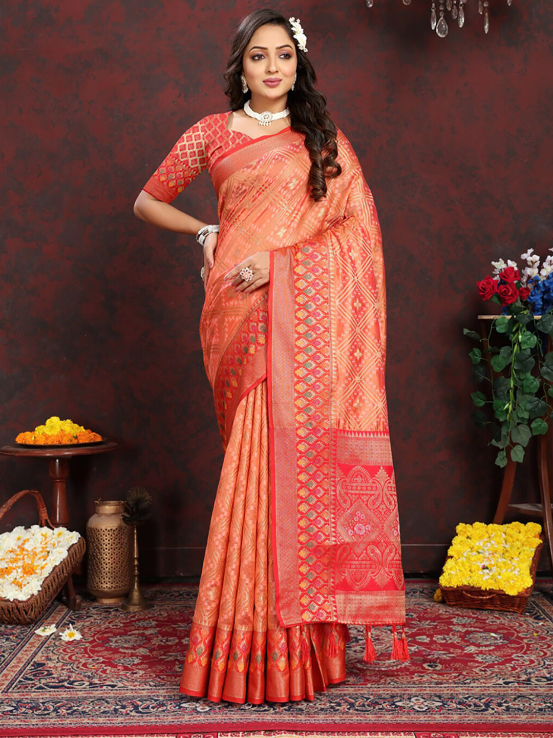 

KALINI Floral Woven Design Zari Organza Banarasi Saree, Orange