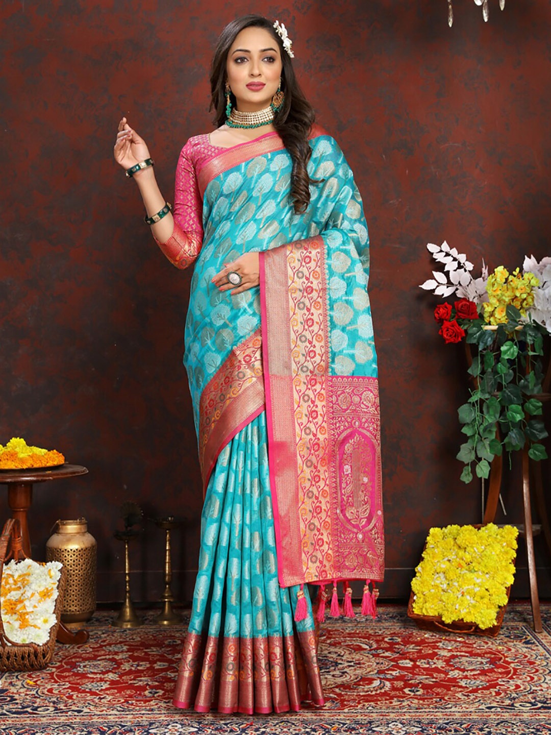 

KALINI Ethnic Motifs Woven Design Zari Organza Banarasi Saree, Turquoise blue