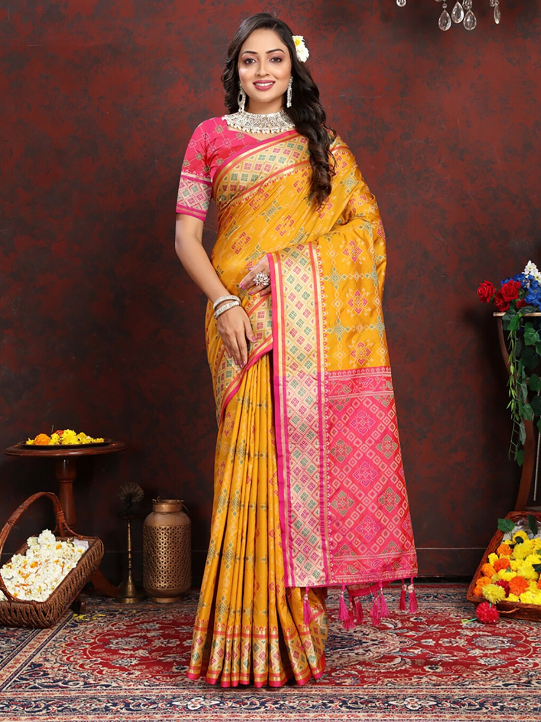 

KALINI Woven Design Patola Zari Saree, Yellow