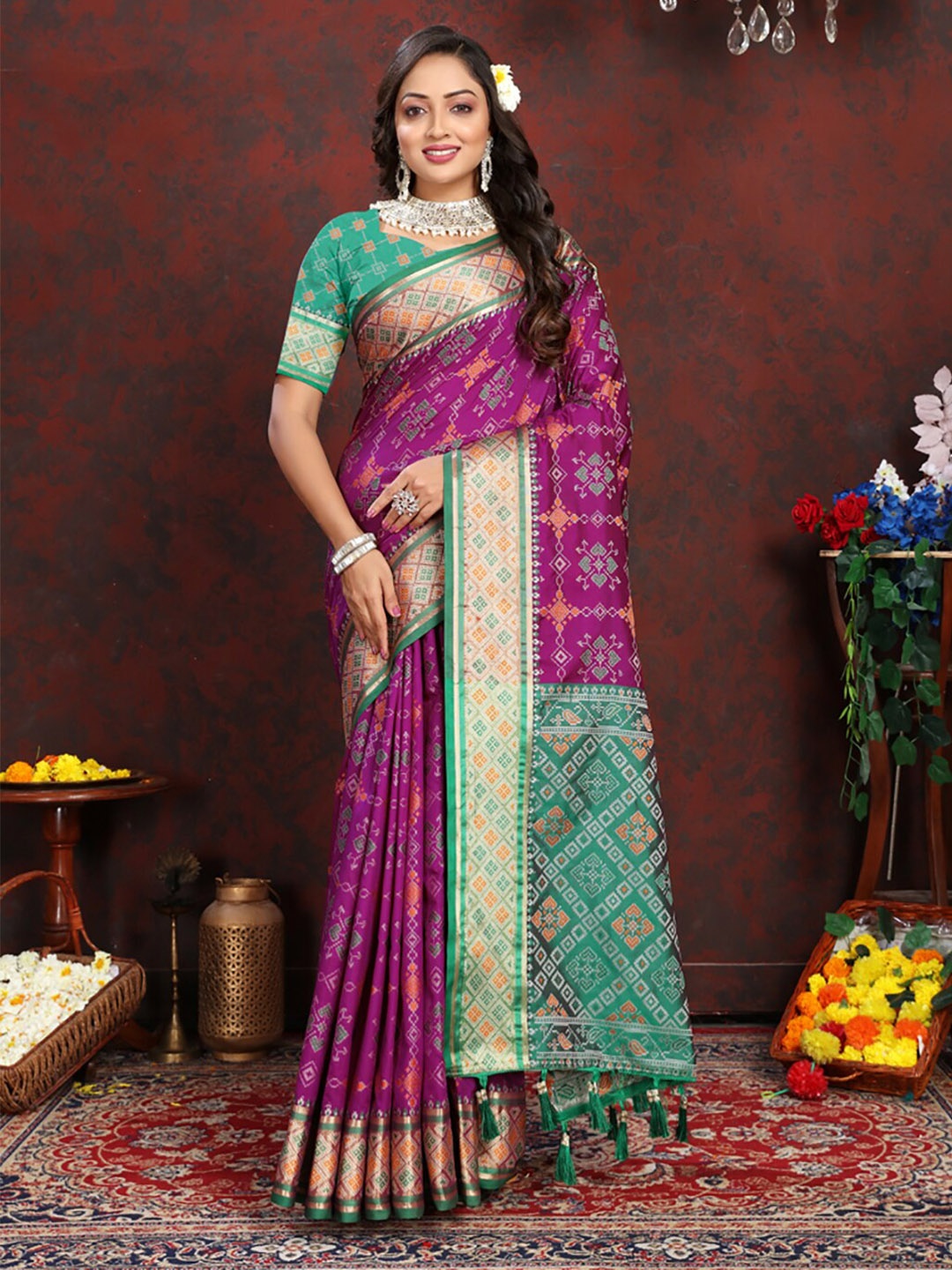 

KALINI Ethnic Motifs Woven Design Zari Patola Saree, Purple
