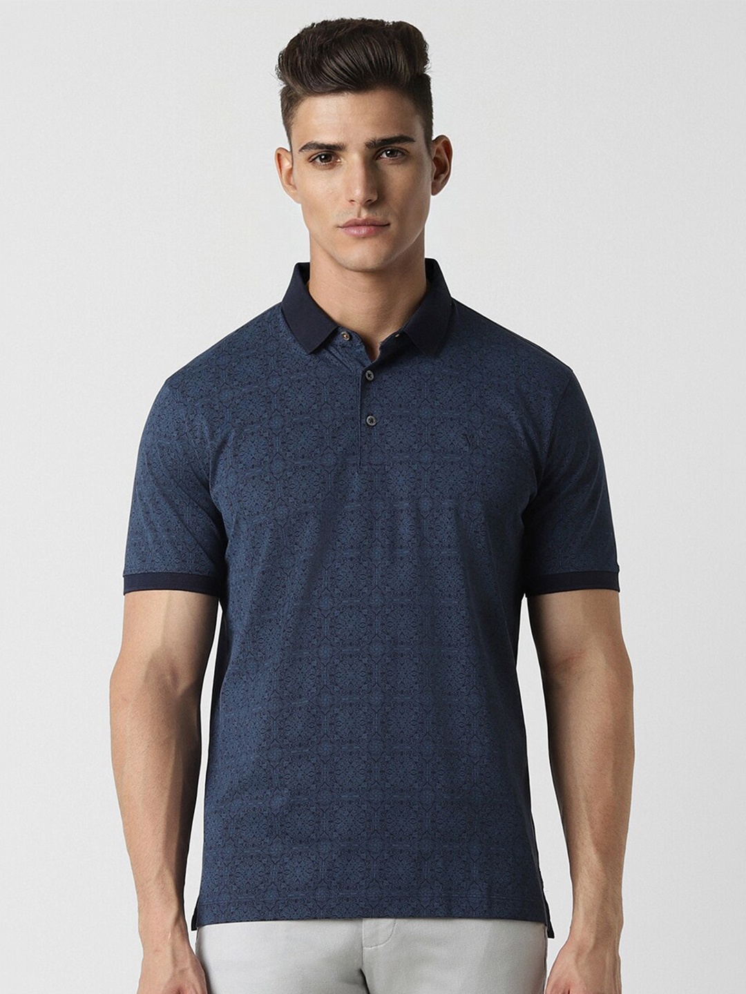 

Van Heusen Floral Printed Polo Collar Pure Cotton T-shirt, Navy blue