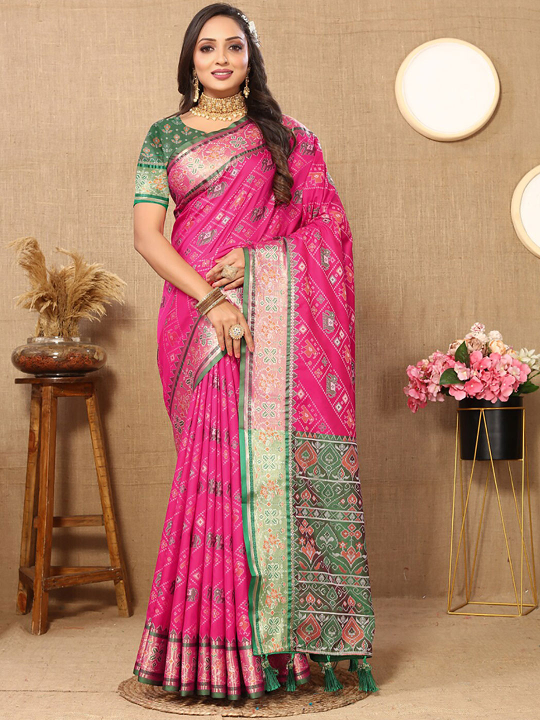 

KALINI Woven Design Zari Art Silk Patola Saree, Magenta